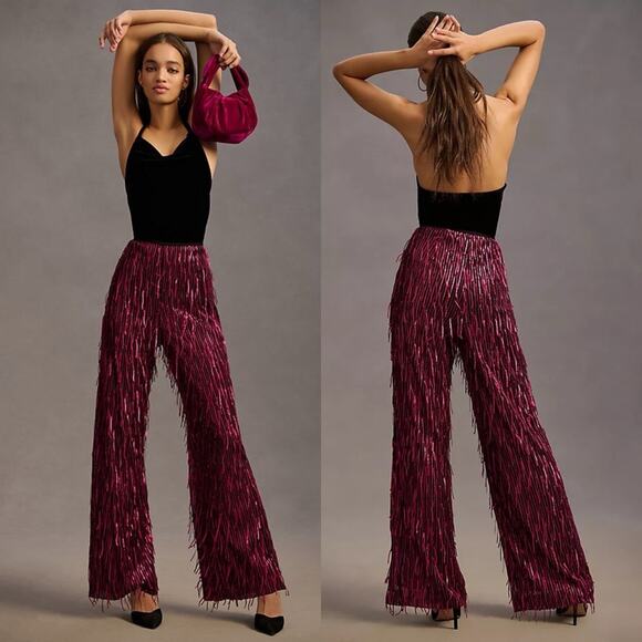 Anthropologie Maeve Fringed Sequined Wide Leg Pants Fuchsia Pants Womens Size 8T